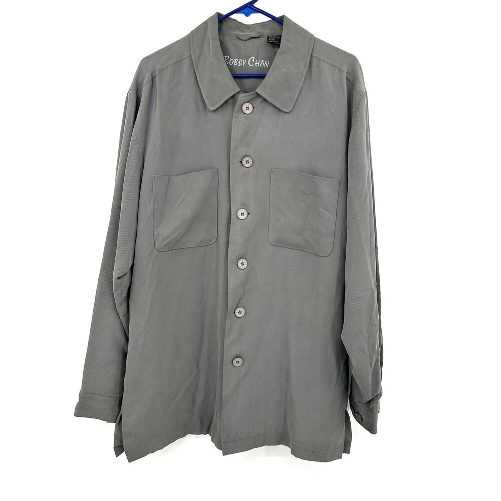 Bobby Chan Size M Button Up Long-Sleeved Overshirt Gray 100% Silk‎ Inner Pocket